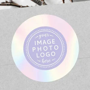 Round custom sticker with pastel rainbow gradient background and lavender frame for logo or photo. Ideal for branding, packaging, or event decorations.