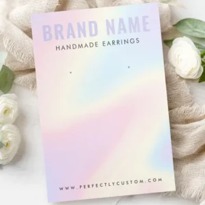 Printed pastel gradient earring display card with stud hole markers, placeholder logo, and customizable branding areas.