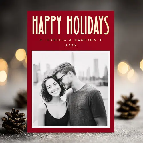 A luxurious, customizable holiday photo card featuring elegant real-foil lettering. Personalize names, year, and photo for the perfect festive card.