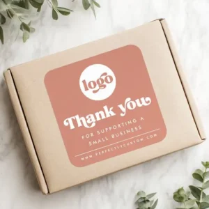 Terracotta thank-you sticker with customizable logo, retro serif “Thank You” text, and small business appreciation message on a printed clay-tone background.