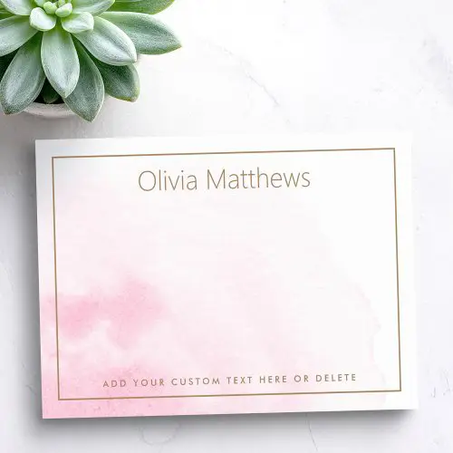 Personalized sticky notes with pink watercolor background and thin gold border