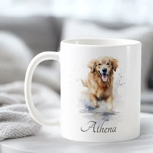 A white ceramic mug featuring a watercolor painting of a Golden Retriever running through water. Your custom name is printed below in a black script font.