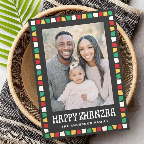 Modern Happy Kwanzaa family photo holiday card with red green yellow mosaic block pattern border