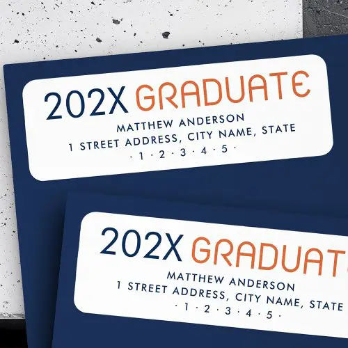 Modern graduation return address label with bold year, custom name, and navy and orange typography on white background.