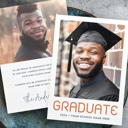 Graduation announcement card with two photo areas. Front features bold "GRADUATE" text in orange. Reverse side displays a secondary portrait and a detailed text announcement with a script family name.