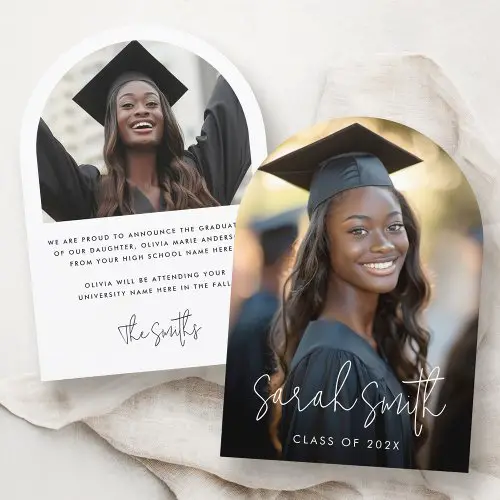 Arched photo graduation card with a full-bleed photo and elegant script typography overlay.