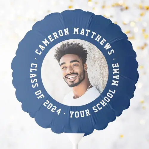 Custom photo Class of 202X Graduation balloon – Navy blue college sports jersey style reusable air-filled balloon