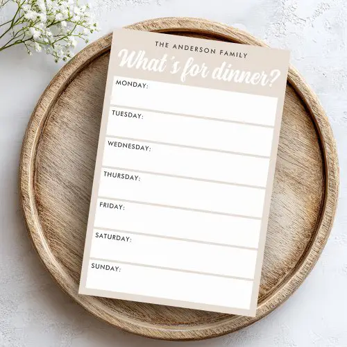 Personalized weekly meal planner sticky notes with beige background, custom name and days of the week layout