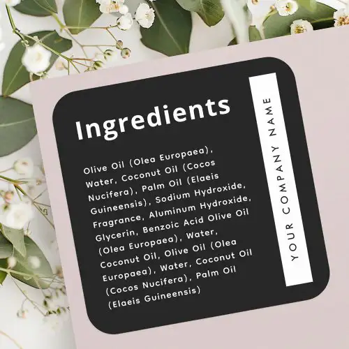 A black ingredient list sticker with rounded corners. A prominent vertical white bar on the right side contains your company name or other custom text. The overall style is clean and professional.