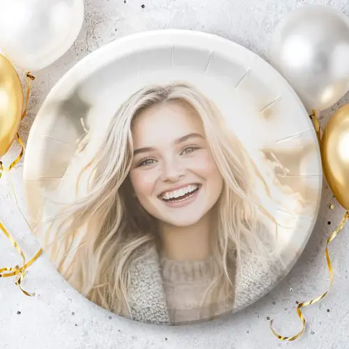 A circular paper plate with a ridged rim featuring a full-bleed customizable photo area for personalized party and event use.