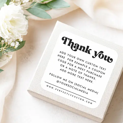 A custom business label with a minimalist black-on-white design. The layout includes a stylish "Thank You" header, a central block for personalized messages or coupon codes, and a professional footer for social media links and website information.