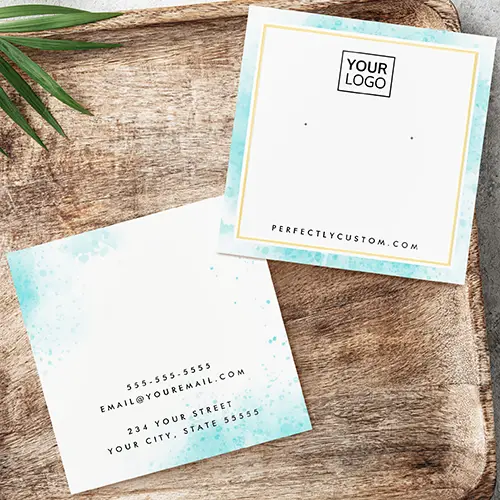 Aqua Watercolor Gold Foil Custom Earring Display Cards for Jewelry Packaging