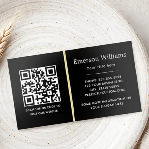 Elegant black logo QR code divider golden Foil Business Cards A black corporate business card with a metallic dividing line. The left side has a prominent QR code placeholder, and the right side presents organized text for example name, title, contact information, and website URL in a clean sans-serif font. Metallic details are shown in gold but also available in silver and rose gold.