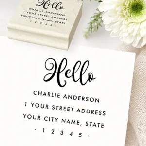 Hello cute script modern minimalist return address rubber stamp A custom return address rubber stamp. The top section showcases a large handwritten calligraphic script word reading "Hello". Centered below are four lines of clean, all-caps sans-serif text placeholders for a custom name, street address, city, state, and a zip code flanked by two tiny solid dots.