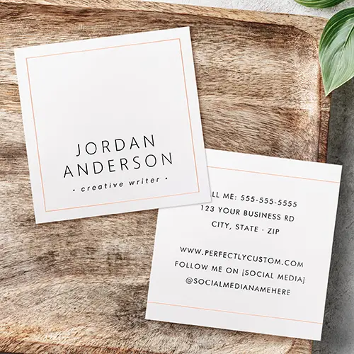 Front and back view of a square business card with a white background and thin real foil border framing. The front displays centered uppercase name text, and the back features structured contact information framed by horizontal foil header and footer stripes.