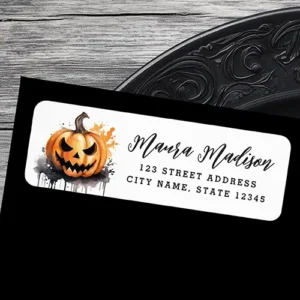 A rectangular self-adhesive return address label featuring a watercolor carved orange jack-o'-lantern pumpkin on the left with orange paint splatters and black drips. On the right side, three lines of black text display a custom name in calligraphic script above two address lines in a serif font.