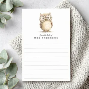 Rectangular custom sticky note pad. At the top sits a watercolor owl wearing round eyeglasses. Below the artwork are text placeholders reading "from the desk of" in script and a custom name in all-caps typography, positioned above thin horizontal lines for writing notes.