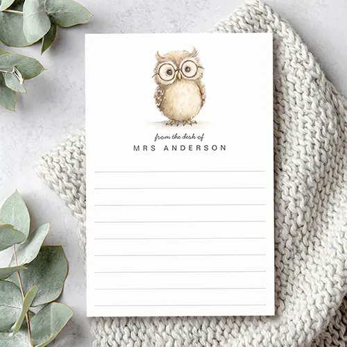 Rectangular custom sticky note pad. At the top sits a watercolor owl wearing round eyeglasses. Below the artwork are text placeholders reading "from the desk of" in script and a custom name in all-caps typography, positioned above thin horizontal lines for writing notes.