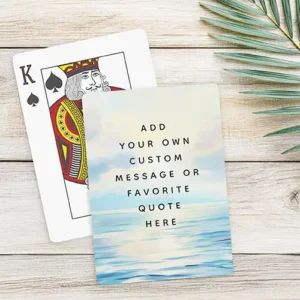 Calm seas ocean sunrise painting custom message poker cards Playing cards featuring an oil-painted ocean water scene with gentle sunlight reflections, distant mountains, and centered custom text lines for inspirational quote or personal message.