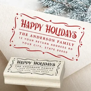 Festive Happy Holidays greeting return address Rubber Stamp Rectangular rubber stamp design showing whimsical Happy Holidays typography inside an ornate starburst border with customizable family address text lines.