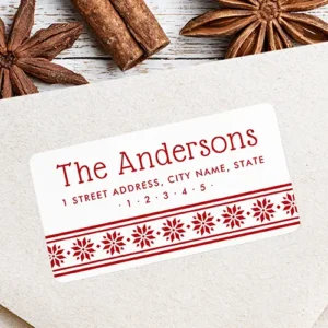 Scandinavian star border red white return address label Rectangular address label sticker featuring a bottom crimson red Scandinavian star border pattern and custom red family address typography.
