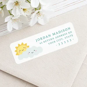 Address sticker featuring cute smiling sun and cloud characters in soft pastel colors, alongside customizable lines for name and mailing address.