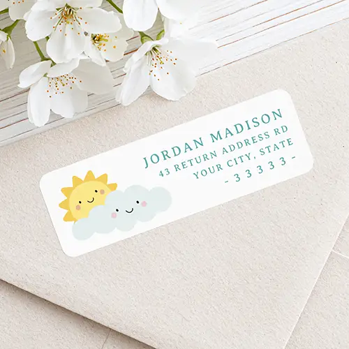 Address sticker featuring cute smiling sun and cloud characters in soft pastel colors, alongside customizable lines for name and mailing address.