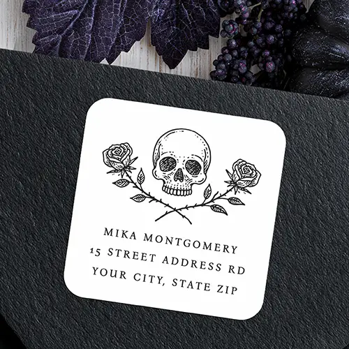 Gothic Skull and Roses Return Address Sticker | Vintage Dark Romance Square Label