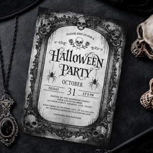 Halloween invitation displaying a detailed skull mirror border, central skull and roses emblem, hanging spiders, and customizable event information lines
