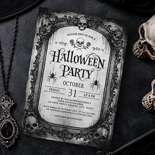 Halloween invitation displaying a detailed skull mirror border, central skull and roses emblem, hanging spiders, and customizable event information lines