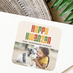 Happy Kwanzaa red green yellow photo Square Sticker Square sticker label with rounded corners split between a cream top panel with colorful Happy Kwanzaa typography and family name, and a bottom custom picture slot.