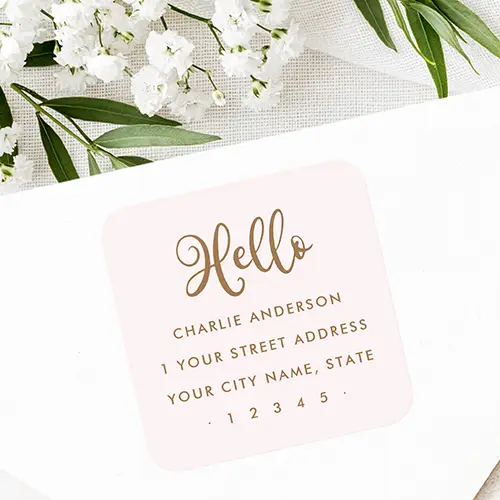 A square return address sticker featuring a light blush pink color, rounded corners, a bronze-brown calligraphy Hello script at the top, and centered custom text lines underneath.