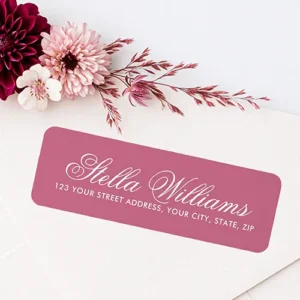 Rose mauve romantic calligraphy script label Rectangular dusty rose return address label sticker with rounded corners featuring a white calligraphy script name line above a white sans-serif address line.