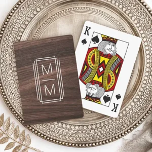 Stylish monogram initials elegant wood grain poker cards Playing cards featuring a horizontal dark espresso wood grain background with a centered white triple rectangular frame containing two stacked custom letters separated by a line.