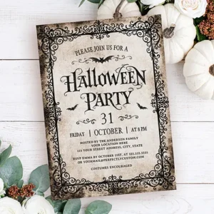 A rectangular paper invitation with an aged parchment background framed by an intricate black scrollwork border, featuring the text Halloween Party with bat accents and event details.