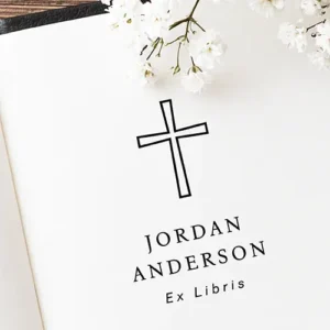 Custom Christian cross Ex Libris wooden rubber stamp Religious bookplate rubber stamp featuring a central Christian cross icon centered over customizable serif name template fields.