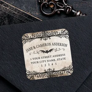 Custom gothic return address sticker displaying ornate damask scrollwork framing a black woodcut bat icon and template address lines.